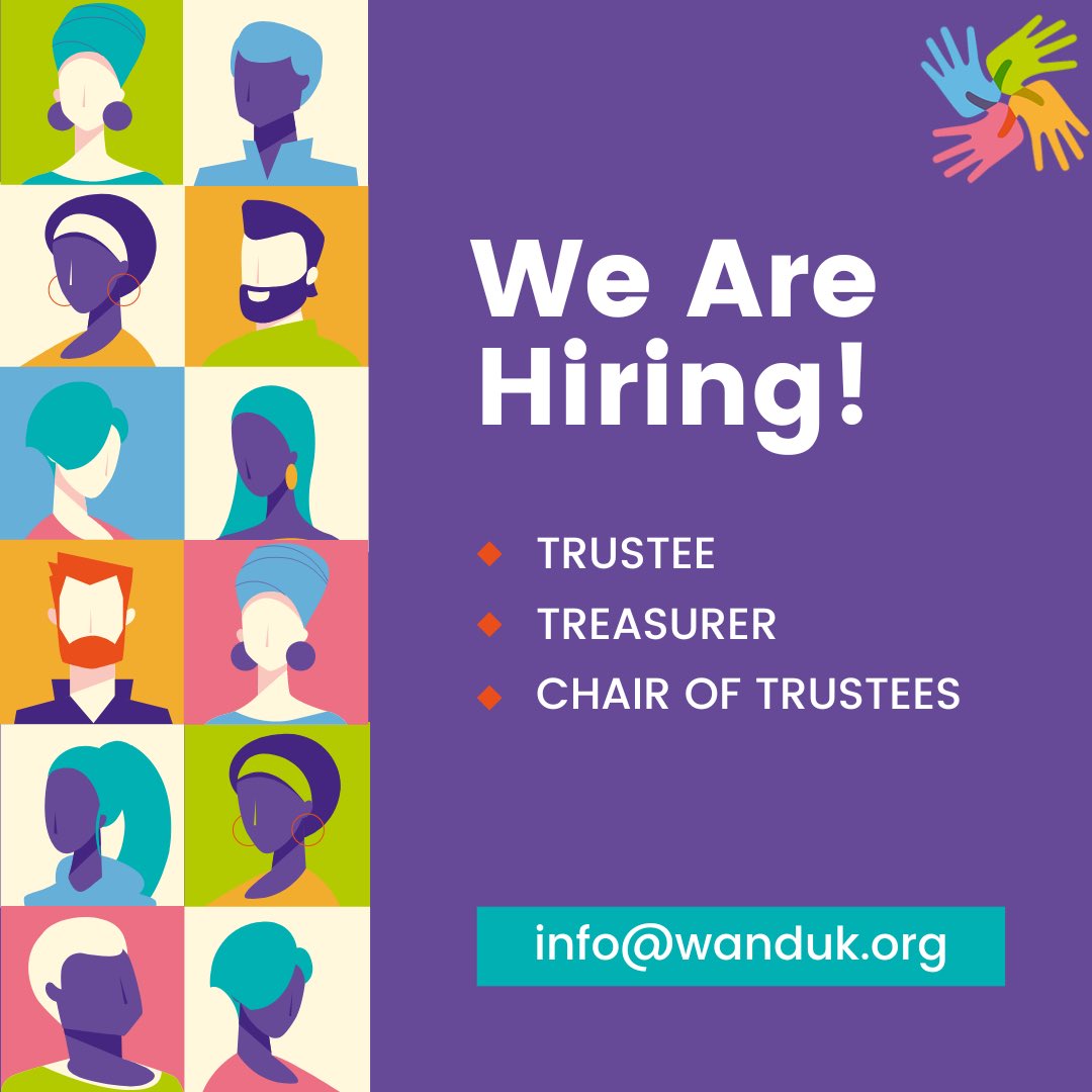 We are hiring!

To view the job descriptions of each role please follow the link in our bio.

If you are interested in either of these roles, please get in touch: info@wanduk.org

Please share with your networks!

#VolunteerRole #VolunteersNeeded #TrusteePosition #NewOpportunity