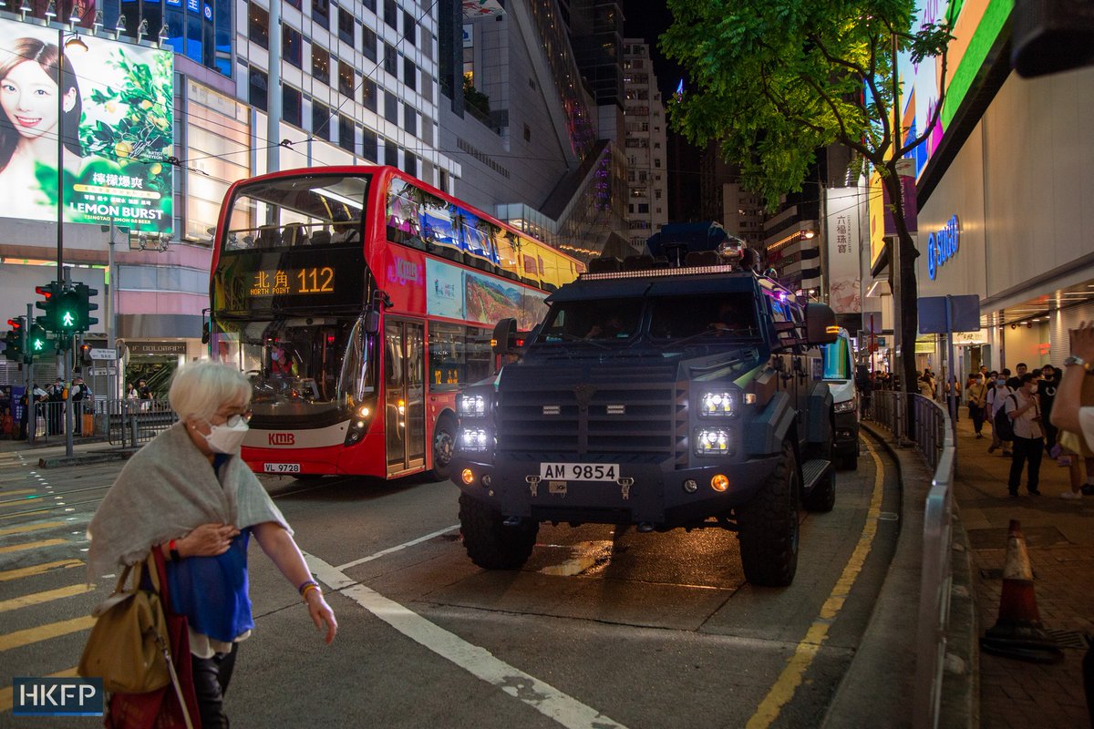 #Tiananmen crackdown anniversary: A Chinese-made Sabertooth armored vehicle was parked outside the SOGO mall in Causeway Bay along with four police vans, as the Force deployed heavy security presence in the commercial heart on the 34th anniversary of the Tiananmen crackdown.