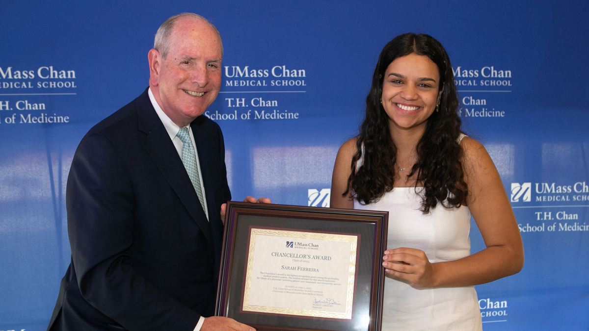 UMassChan's tweet photo. Chancellor Michael F. Collins said the Chancellor's Award winner for the T.H. Chan School of Medicine, @UMassAmherst alumna Sarah Ferreira, is “a testament to the power of a Massachusetts public higher education.” View the list of honorees: https://t.co/YzrhN4uhnN #UMassChan2023 https://t.co/NTTbJw5hhu
