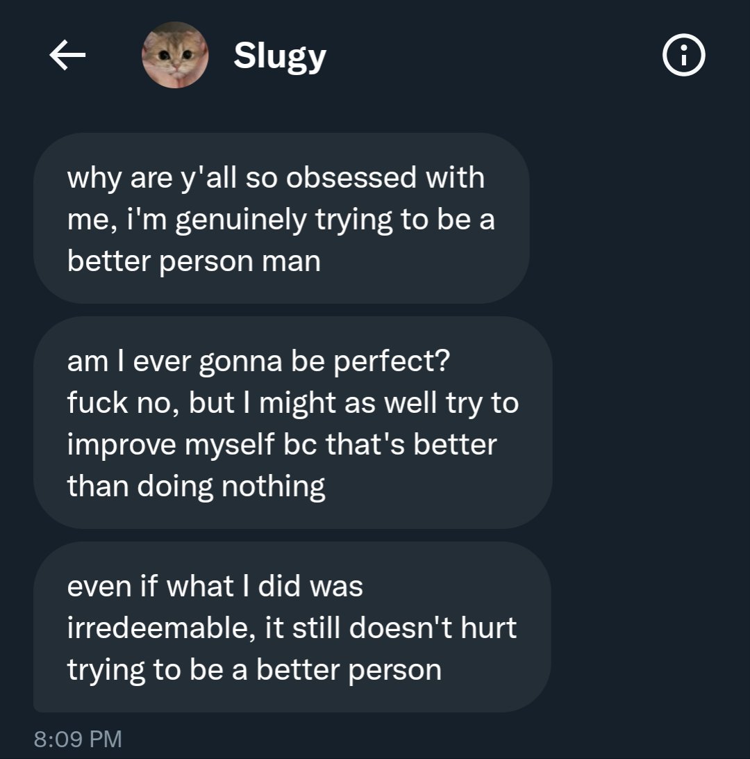 tawaAlx's tweet photo. Slugy has NOT learned any lesson and it should be more clear every time he talks. I had a multiple hour long conversation with them after their "apology" twitlonger where they finally admitted to me the PARAGRAPHS of racism were "in the heat of the moment" like every other weirdo https://t.co/6mEy18oBA3