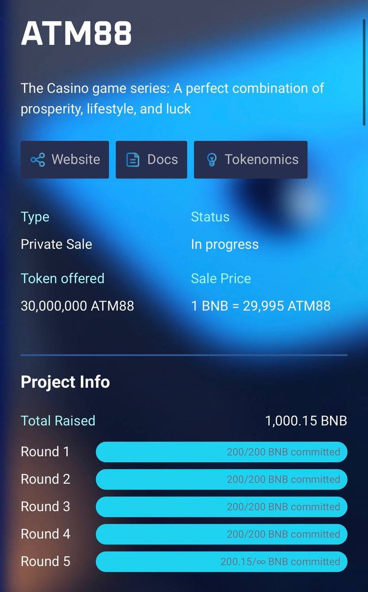 🔥EXTRAORDINARY

More than 1,000 BNB have been sold. 5 rounds have been quickly conquered by investors in the Private Sale
💰$ATM88 price at this moment: 1 BNB = 29,995 ATM88

🚀Pancakeswap listing time: 2023.06.12 14:00 (UTC)

CONTRACT: 0x260673f471b00d6468942570eEc9d2C99488c745