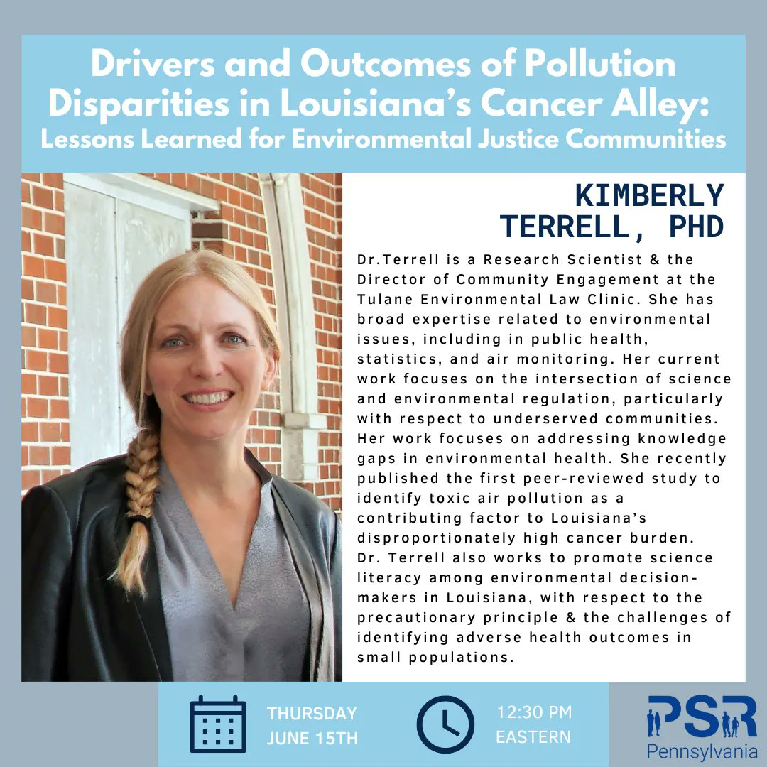 Join us for a discussion on communities of Color in #Louisiana that have long maintained that they are overburdened with industrial #pollution, particularly in #CancerAlley with Kimberly Terrell and Gianna St. Julien 

Learn more at buff.ly/3oNKc8z 

#PSRPA #OilandGas