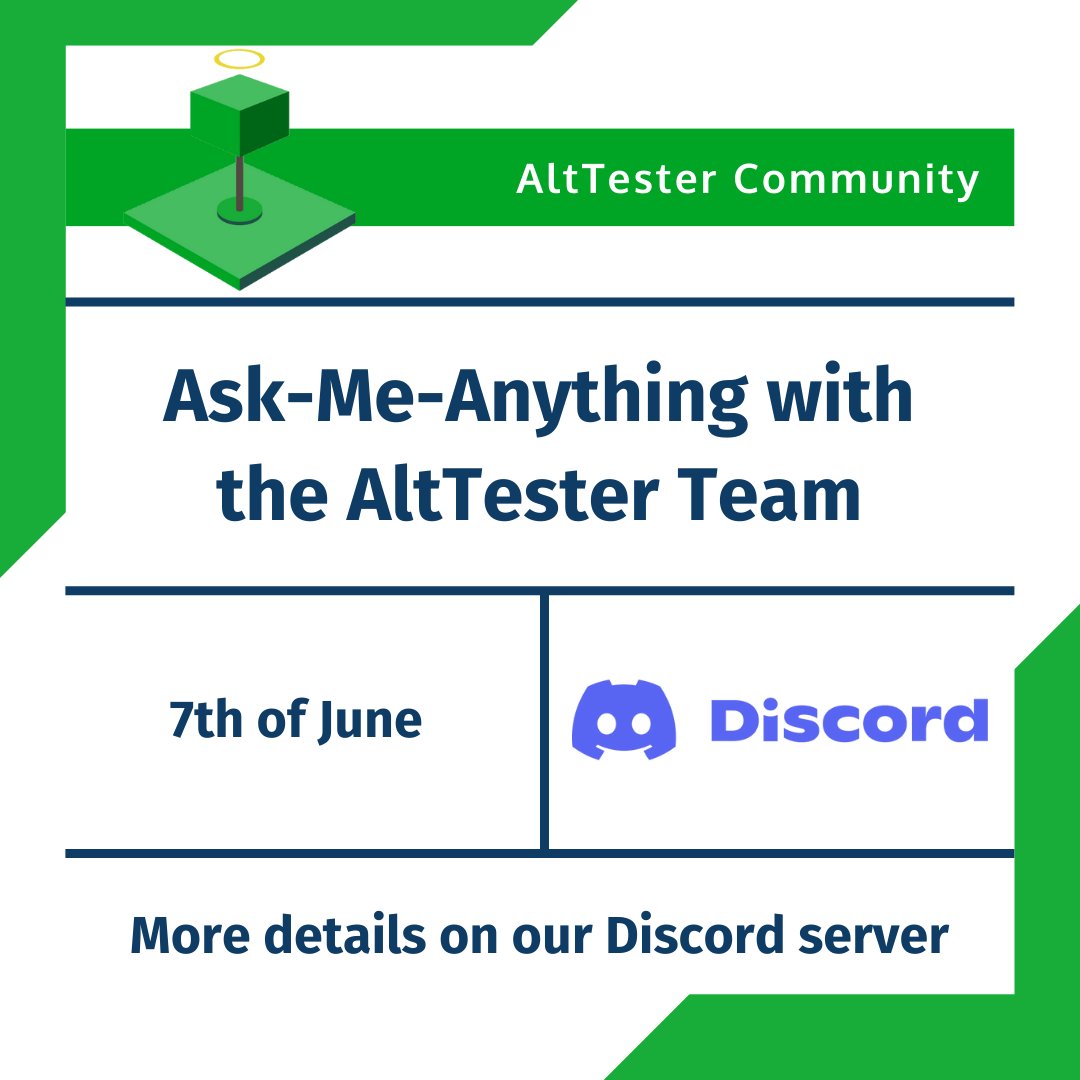 #AskMeAnything event with the #AltTesterTeam on 7th of June.

We will try to answer any questions you may have about #AltTesterTools (our UI test automation framework for #Unitygames & apps).

Join our community of #gametesters and #gamedevs! discord.gg/6ccPpVeW44?eve…