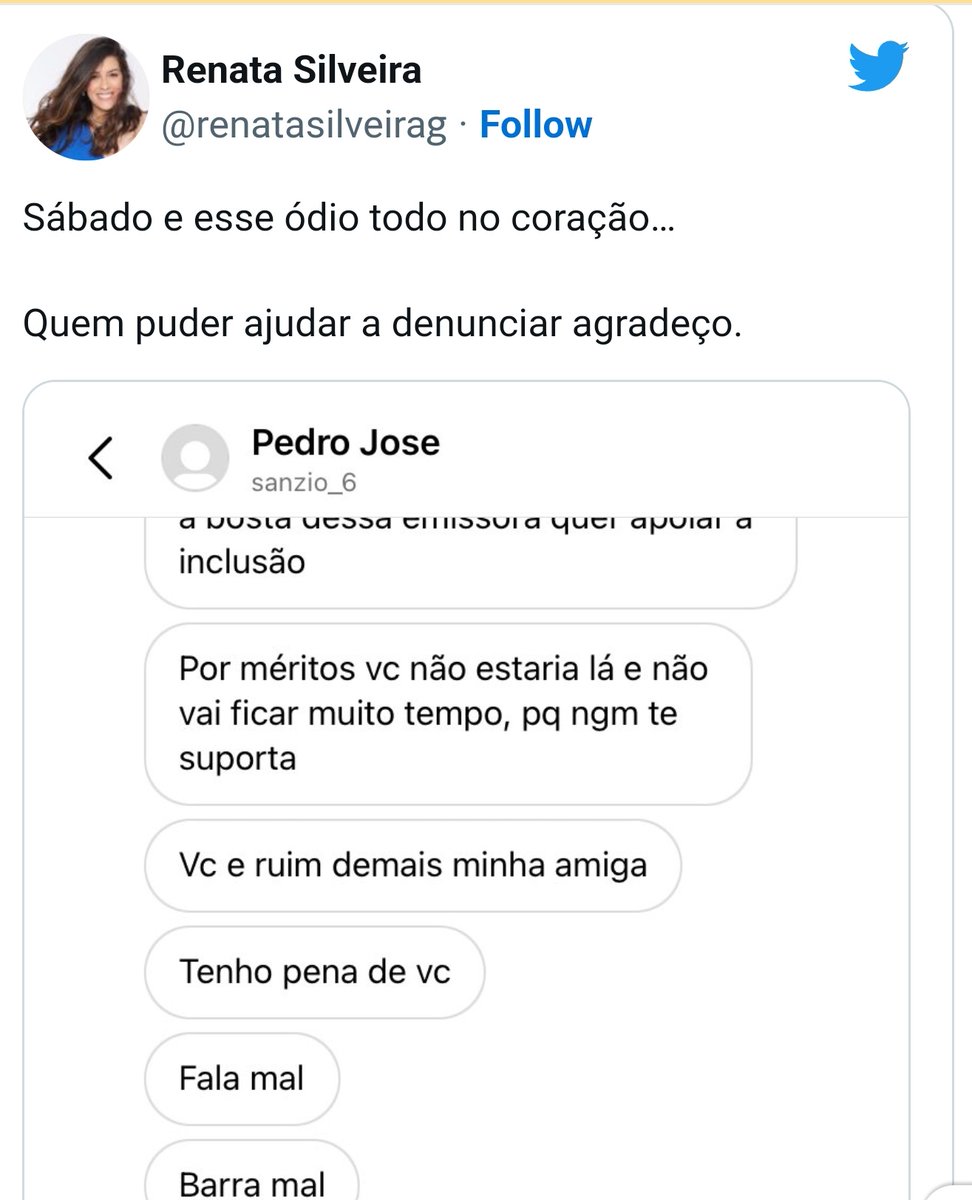 rede_marco's tweet photo. A MISOGINIA no Brasil é maior do que a gente imagina

Acompanhamos o caso da influencer e seu ex-marido, jogador de tênis, que exercia pressão psicológica sobre ela, com altos graus de misoginia e ameaças que estarreceram os mais fortes

Ontem, uma mulher que estava FELIZ simplesmente por ter narrado uma partida de futebol, foi atacada por um "hater" sem que houvesse nada em questão a não ser a simples MISOGINIA, o ódio e desprezo pelo outro por ser mulher

O caso em questão é da narradora de futebol da TV Globo, Renata Silveira, @renatasilveirag, que deixou o Estádio Parque do Sabiá, no último sábado (3), em Uberlândia, com um grande feito na sua carreira. Ela foi a primeira mulher na história a narrar na TV um confronto entre o Cruzeiro x Atlético-MG

Ao abrir o Twitter, ela se deparou com uma agressão estúpida de um internauta, que escreveu:

“Por méritos você não estaria lá e não vai ficar muito tempo, porque ninguém te suporta”

Renata, replicou:

"Sábado e esse ódio todo no coração… Quem puder ajudar a denunciar agradeço”

O que faz alguém destilar ódio contra outra pessoa sem que haja um motivo sequer para isso?

A INTERNET como um todo (sites, apps, pessoas, etc) precisa de REGULAMENTAÇÃO. Chega de crime de ódio, chega de racismo, chega de xenofobia, chega de homofobia, chega de misoginia!