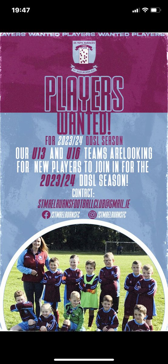 Looking to add players to our und13s Saturday team and also to our und16s Sunday team. Contact stmarlruansfootclub@gmail.ie