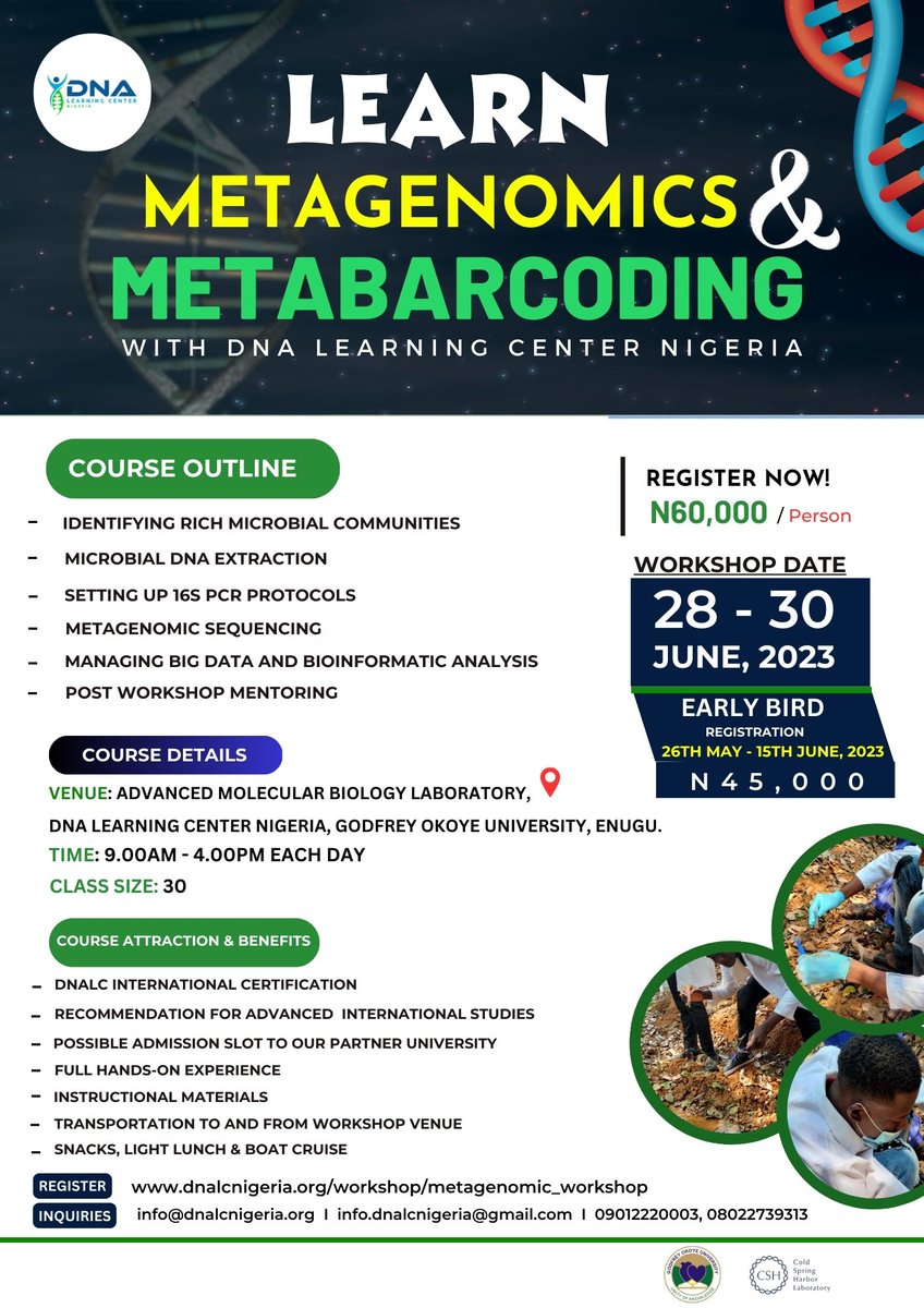 Exciting news!📣🧬🌱

Join us for a hands-on #Metagenomics and #Metabarcoding workshop that will enhance your scientific skills on the 28 - 30th June, 2023. Limited spots available, register now at dnalcnigeria.org/Start_Workshop…

#DNALCNigeria #ScienceWorkshop #SkillsEnhancement