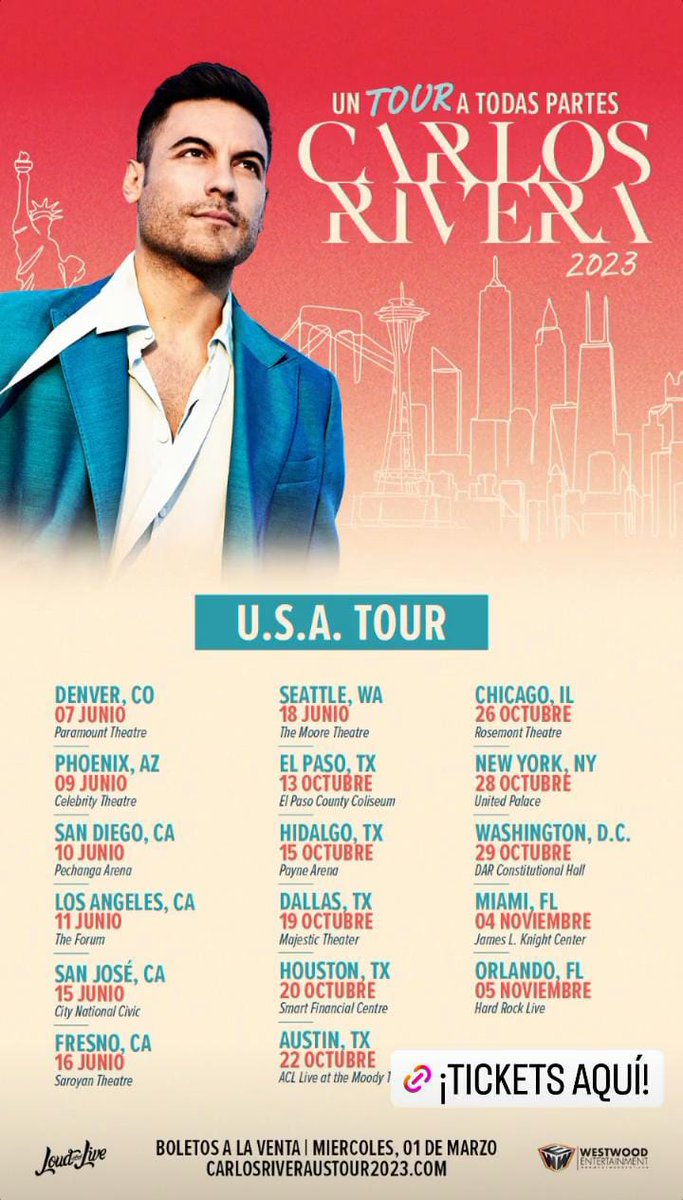 #UnTourATodasPartes
#USATour 🇺🇲🧳✈️
Inicia éste 7 de Junio en Denver CO
@_CarlosRivera
@mikenoriega 
@jjuarezww 
@davidedwardwest 
@WestWoodEntt 
@westwoodfans 
@sonymusic 
@CR_ClubPorTi
@PorTi_Yucatan