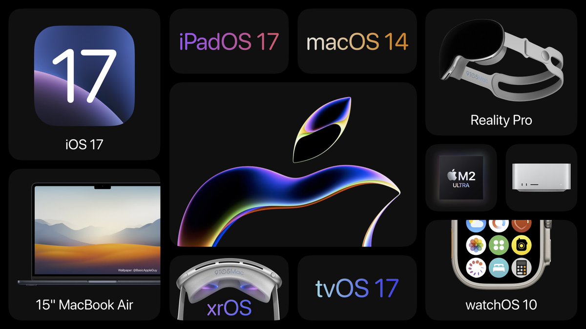 What to expect at #WWDC23 tomorrow 👇 - iOS 17 + iPadOS 17 - macOS 14 - watchOS 10 - tvOS 17 - Reality Pro headset - xrOS (headset OS) - M2 Ultra - Mac Studio - 15” MacBook Air