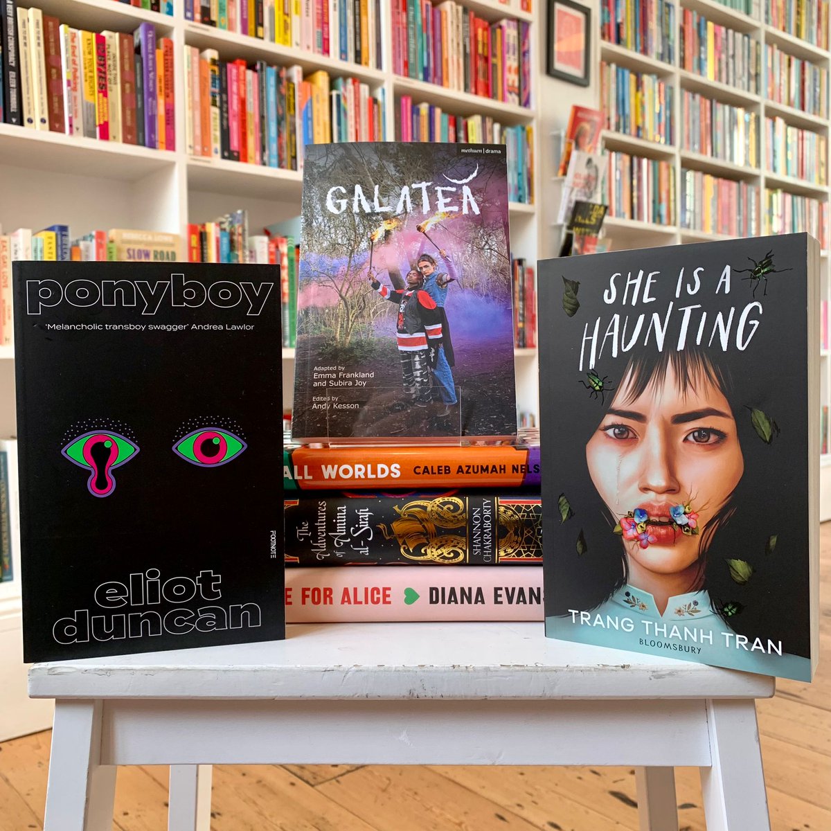 Feminist_Books_'s tweet photo. Not to judge books by their covers… but this week’s stack is particularly pretty!

@semantic_rush 
@elbfrankland 
Subira Joy
@nvtran 
@CalebANelson 
@SAChakrabooks 
@DianaEvansOP https://t.co/ioOCLBr5bW