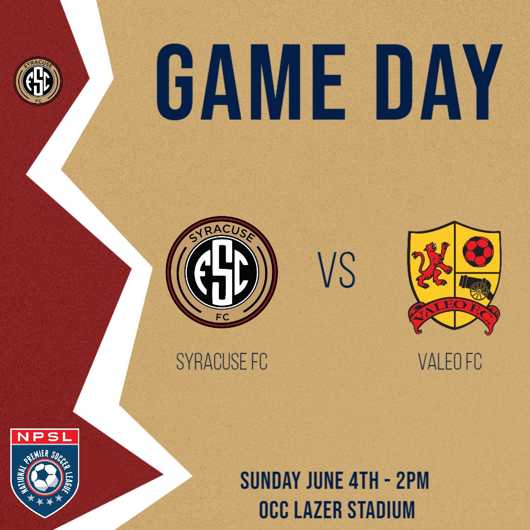 Syracuse_FC's tweet image. Today is Syracuse FC’s Game Day! 

Syracuse FC takes on Valeo FC at OCC Lazer Stadium for the first NPSL home game of the season! 

Kickoff is at 2pm. 

Address: OCC Drive Syracuse, NY 13215

@NPSLSoccer 

#SyracuseFC #NPSL #Soccer #Football #Futball