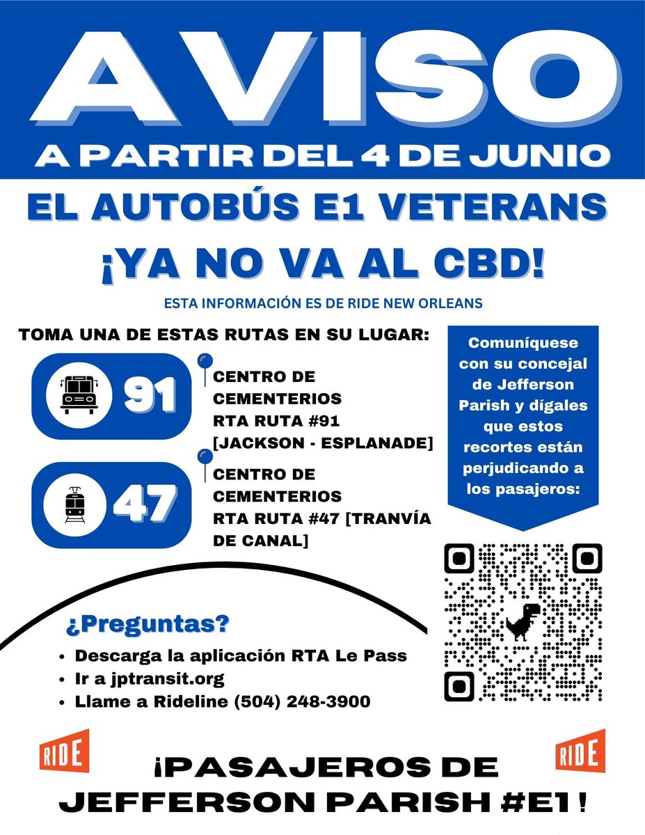 ATTENTION RIDERS!

Today, both Jefferson Parish Transit and Regional Transit Authority (RTA) are implementing service cuts on several lines!

This is how the cuts will effect your wait times. Swipe for the Spanish version.