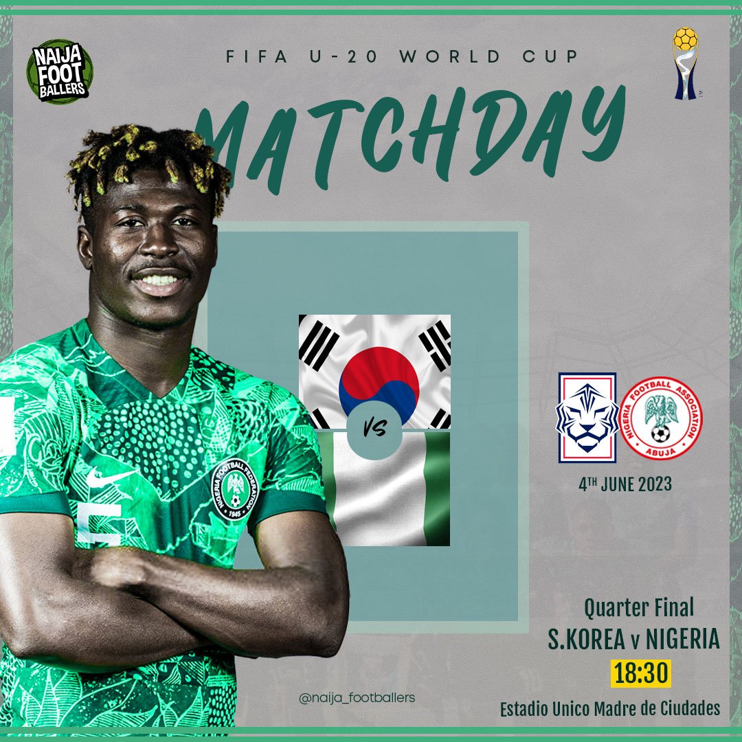 M A T C H D A Y ! ! ! 

It is South Korea against the Flying Eagles today in the FIFA U20 World quarterfinals. 

We wish the boys all the best. 

#9jaFootballers #U20WC