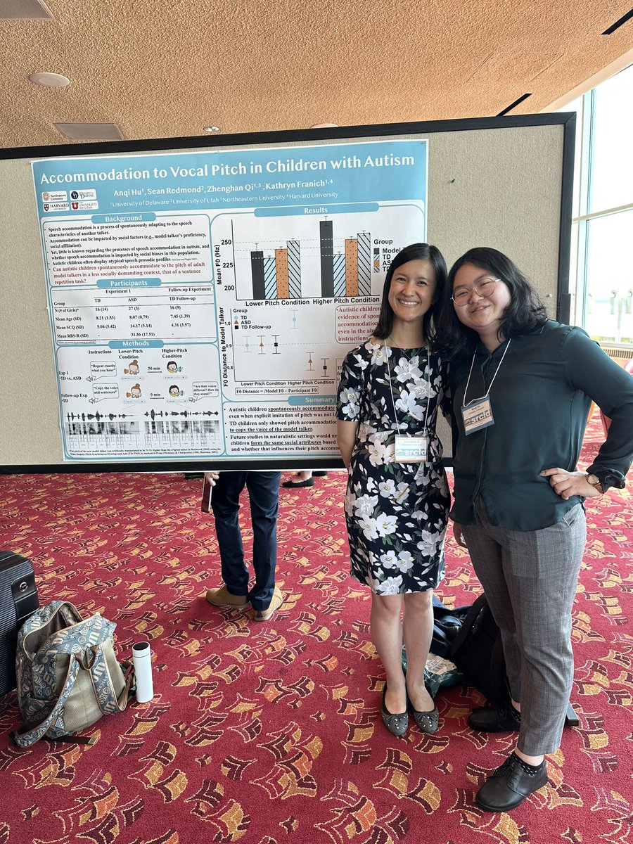 qzhever's tweet photo. @AnqiHu6 met @s_redmondUofU for the first time in person in front of our poster. We dived deep into kids’ sentence repetition behavior using the web-adapted version of the RSR task. This project is an exciting collaboration with my cool linguist friend: Katie Franich!#SRCLD https://t.co/dKWUGauu8Z