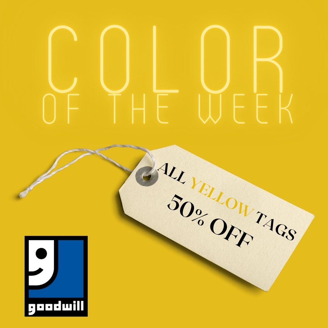 Visit any #goodwillsela location this week and get 50% off yellow tagged items. 

#thrift #shopgoodwill #thriftstorefinds #shop #shopsecondhand #thrifting #goodwillfinds #goodwillfind #sale