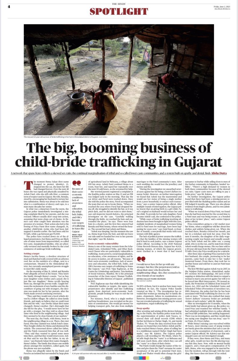 vishalmaurya03's tweet photo. READING RECOMMENDATION

Large-scale child-bride trafficking going on in the state of Gujarat, with police trying to cope and resolve cases but falling short. It's a proper business now. Worst hit are the "lower castes" and STs.

One horrifying story from Gujarat. 

#read #thehindu #vishalmaurya #vishalmaurya03 #tathagat #ngo #childline #childsafety #childtrafficking #stopchildlabour #bribe #childbride #trafficking #sos #socialworkers #dalits