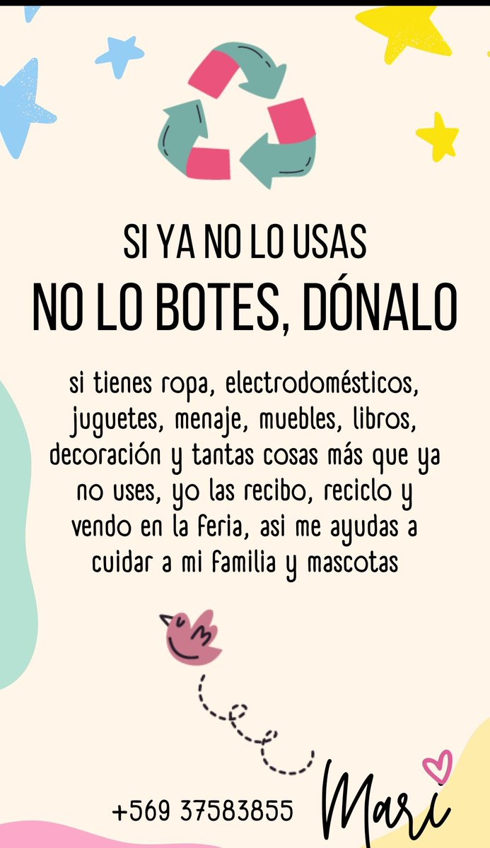 Buenos días Comunidad .
Vengo a recordarles que necesito de su ayuda.
Así que que por favor no duden en contactarme conmigo yo feliz reciclo lo que tu ta no quieras .
El número solo WhatsApp. 
Gracias .
También sirven RT😉😉😉