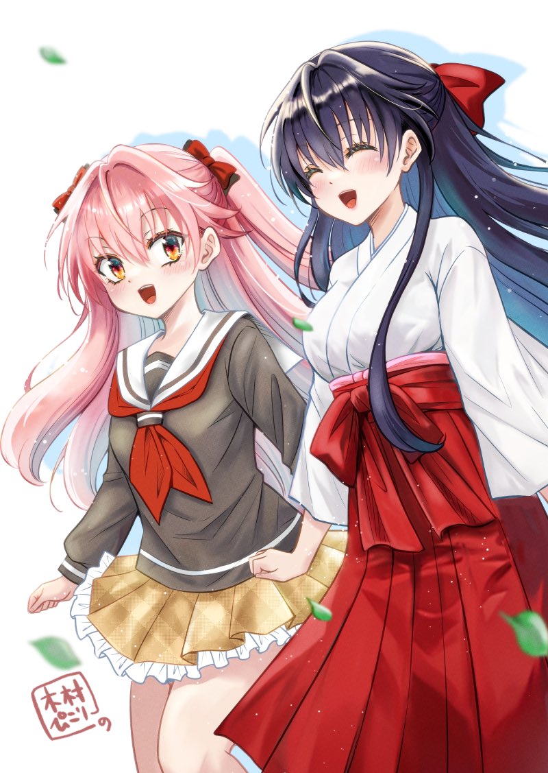 2girls multiple girls skirt pink hair school uniform black hair long hair  illustration images
