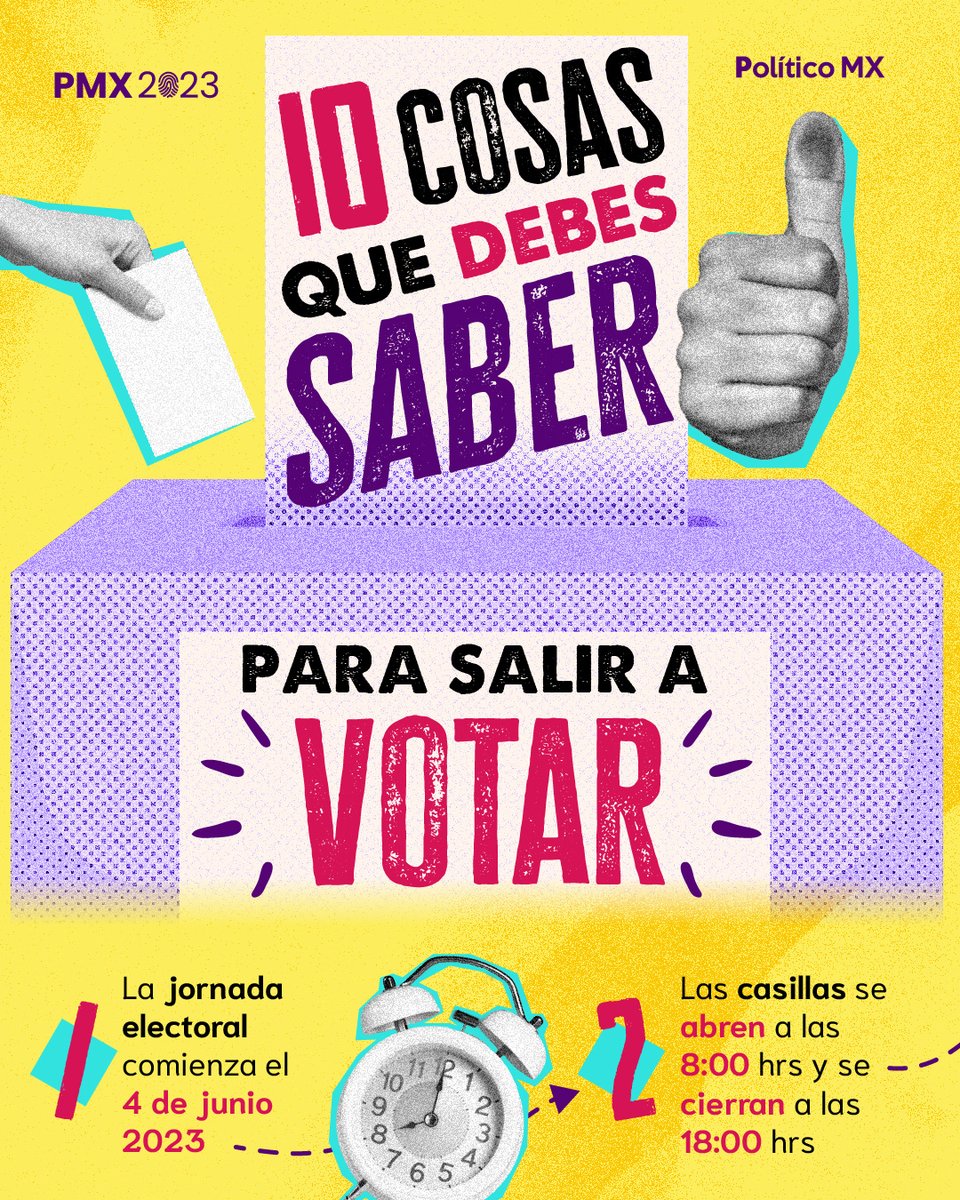 politicomx's tweet photo. 10 cosas que debes saber para salir a votar

Las casillas se abren a las 8:00 hrs y se cierran a las 18:00 hrs; en el Estado de México se instalarán más de 20 mil casillas y en Coahuila más de 4 mil; si no te encuentras cerca de la casilla que te corresponde, puedes votar en una casilla especial.