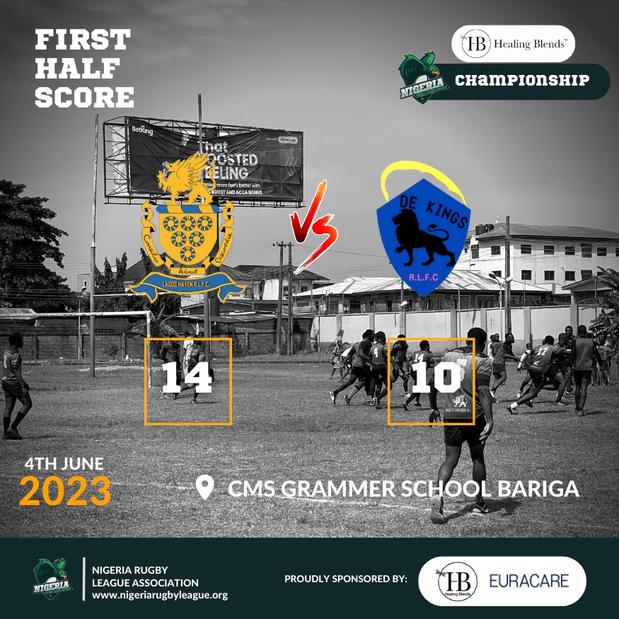 Exciting news! The Healing Blends Rugby League Championship is in full swing with Team Lagos Haven RLFC leading 14-10 at halftime against The Kings RLFC. Stay tuned for more updates!