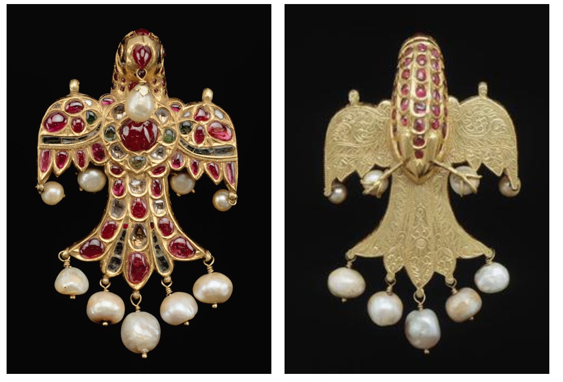 Ce pendentif en forme d'oiseau rappelle combien les arts décoratifs indiens sont raffinés. Il est conçu à partir de diamants, d'or, de rubis, d'émeraudes, de perles et de cristal de roche. Daté du XVIIIe siècle, il est actuellement conservé au musée Guimet à Paris.