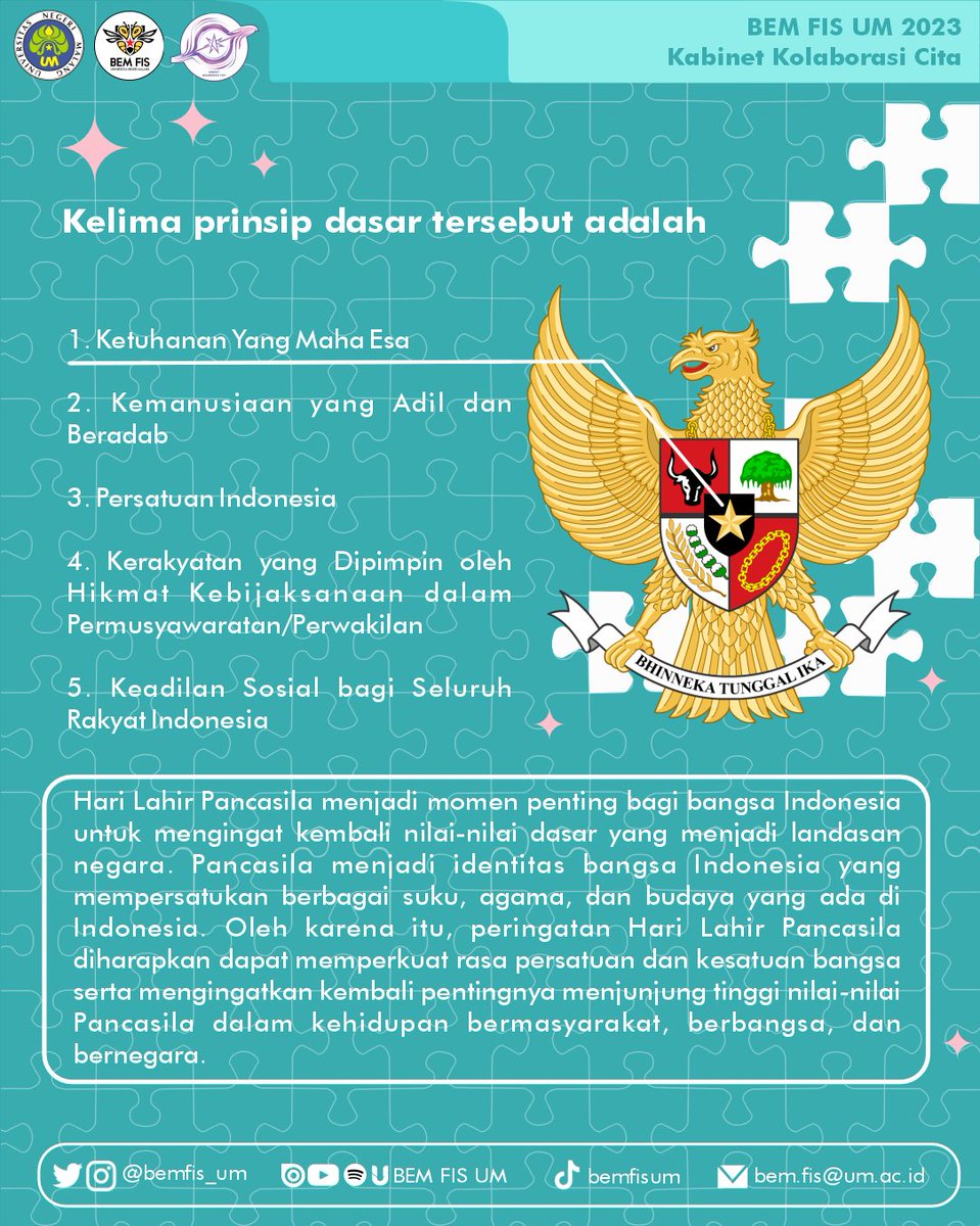 [SELAMAT HARI LAHIR PANCASILA]
Pancasila terlahir dengan proses yang panjang. Pancasila berisi 5 prinsip  kehidupan bernegara dan menjadi falsafah hidup Bangsa. Mari jaga kebhinekaan bangsa dengan menjalankan nilai luhur Pancasila. Selamat memperingati Hari Lahir Pancasila