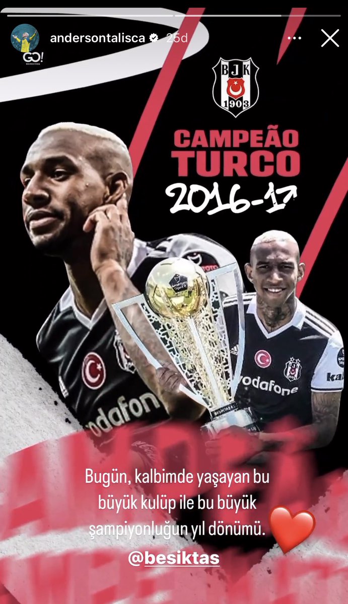 Talisca: Bugün, kalbimde yaşayan bu büyük Beşiktaş’ın büyük şampiyonluğunun yıl dönümü.