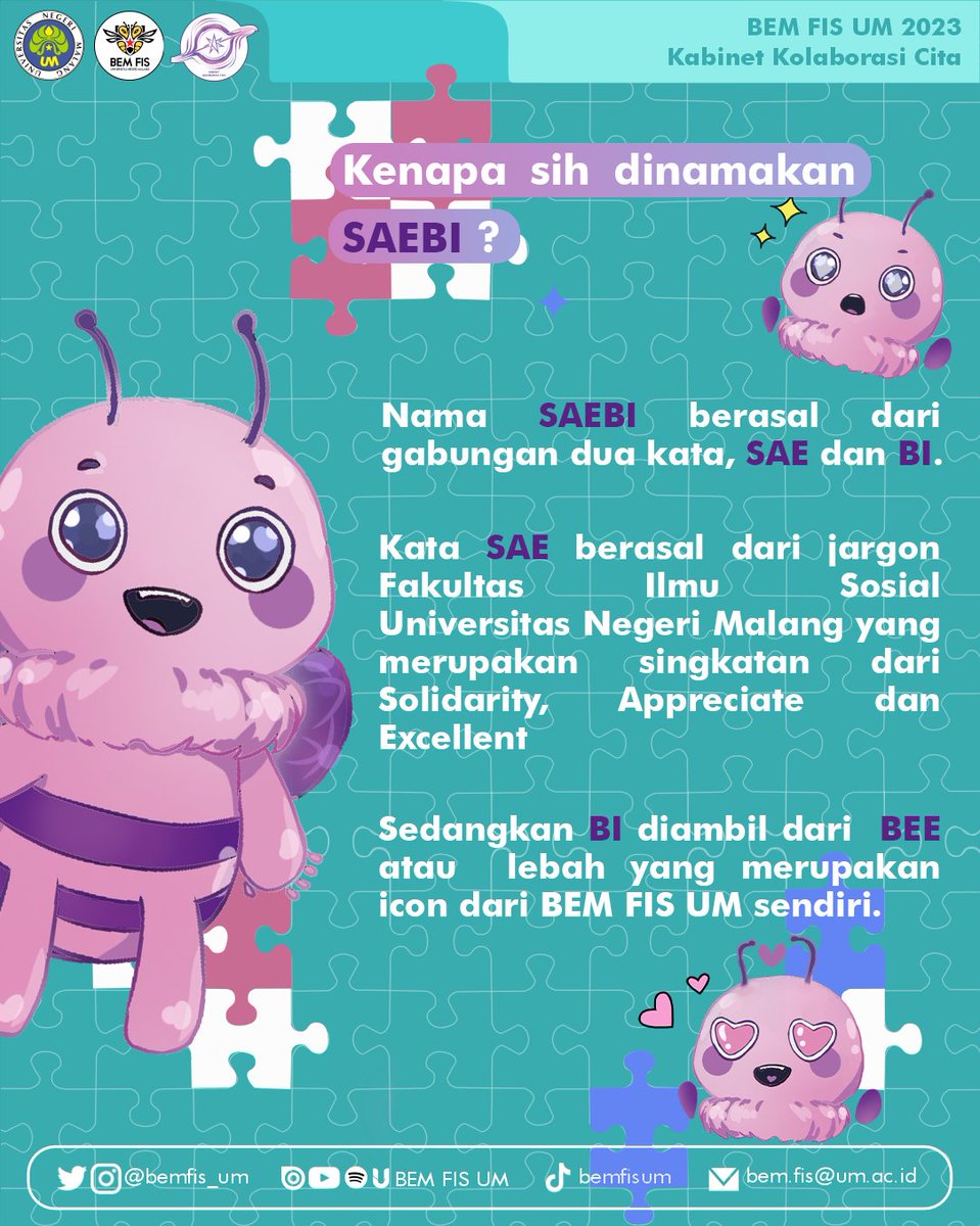 [MEET OUR NEW MASCOT]
Tak kenal, maka tak sayang
Kenalan yukk sama teman baru di BEM FIS UM 🕵️
Ada kabar baru nan menggembirakan nih kawan-kawan semua. Kali ini BEM FIS UM official bakal merilis maskot sebagai wajah baru BEM FIS UM. 
Kenalin maskot imut nan gemas ini "SAEBI" 😍💜