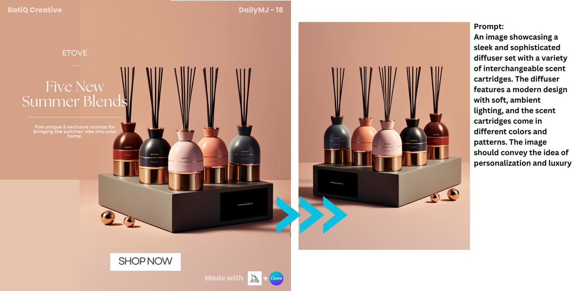 creative_batik's tweet photo. Post 18: Premium Fragrant Diffuser. 

Mencari pewangi bau semula jadi untuk rumah? Boleh singgah-singah sini.

#MidjourneyAI #AI #graphicdesigner #dailyMJ #canva #dailychallenge https://t.co/YxmSzqJ1UD