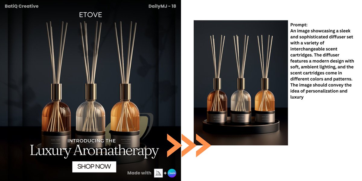creative_batik's tweet photo. Post 18: Premium Fragrant Diffuser. 

Mencari pewangi bau semula jadi untuk rumah? Boleh singgah-singah sini.

#MidjourneyAI #AI #graphicdesigner #dailyMJ #canva #dailychallenge https://t.co/YxmSzqJ1UD
