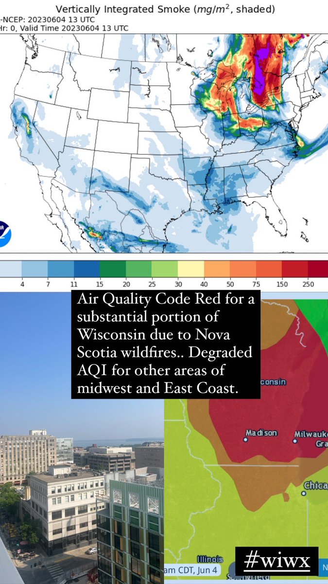 Poor air quality (code red) over WI this am, due to unprecedented fires in Nova Scotia. Those with compromised health should avoid prolonged outdoor activity. Those not health-compromised should limit the time they spend outdoors. #wiwx #fireweather #aqi #publichealth
