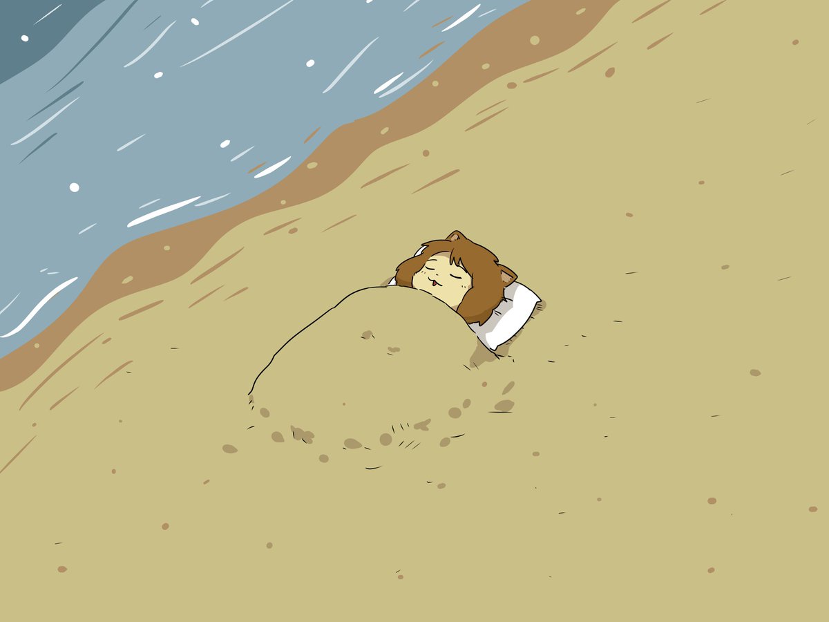 1girl solo brown hair beach closed eyes sand blanket  illustration images
