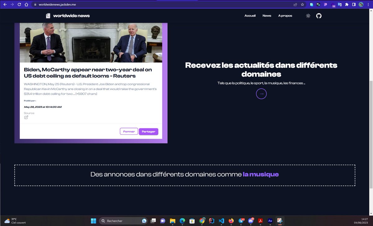 JBoyodi's tweet image. Salut la team Twitter. Je vous présente aujourd’hui un petit projet que j’ai commencé il y’a de cela quelques jours. Une application web (worldwide News) worldwidenews.jackdev.me qui nous informe sur l’actualité mondiale dans plusieurs domaines. Thread 🧵 #CaParleDev #TDev #TgTech