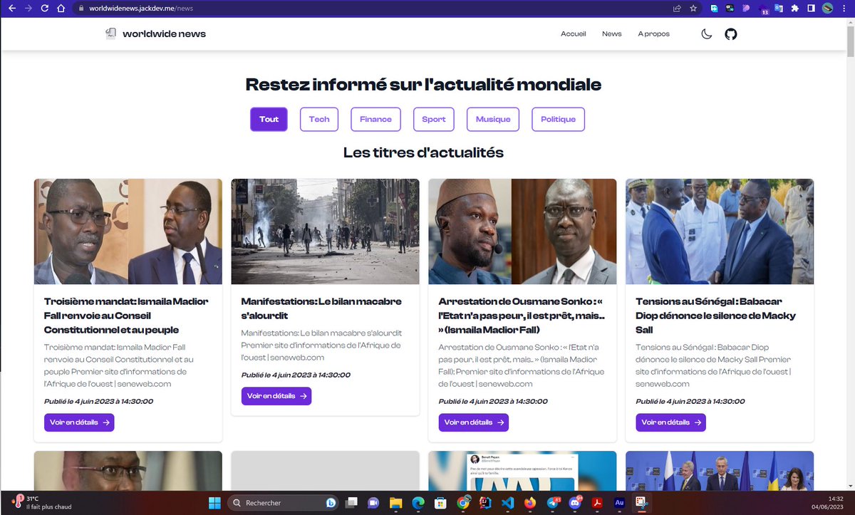 JBoyodi's tweet image. Salut la team Twitter. Je vous présente aujourd’hui un petit projet que j’ai commencé il y’a de cela quelques jours. Une application web (worldwide News) worldwidenews.jackdev.me qui nous informe sur l’actualité mondiale dans plusieurs domaines. Thread 🧵 #CaParleDev #TDev #TgTech