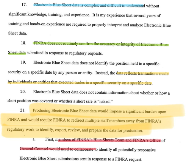 TradingSecrets7's tweet photo. $MMTLP @FINRA @SECGov In court FINRA said:
"Blue Sheet Data is complex and difficult to understand"
"FINRA does not routinely confirm the accuracy of BSD"
"Producing BSD would impose a significant burden upon FINRA......and would...redirect multiple staff away from....regulatory work"

In the FOIA release, the email from Sam Draddy at FINRA, it was quoted "MMAT/MMTLP matter has hit my Fraud teams radar....in fact bluesheeting both MMAT and MMTLP as we speak"
Apparently bluesheeting was not a burden for Sam, was not complex for Sam, and not too difficult to understand for Sam. 
Are you seriously saying you have nobody else with the capabilities of Sam in your legal defence? We have 2 opposing statements here. Is this a case of digging yourself in a hole which is getting bigger and bigger?