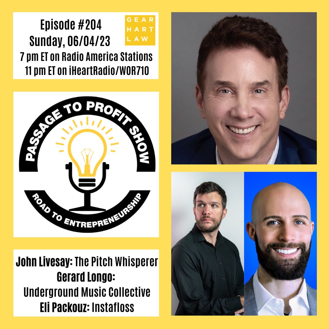 Passage to Profit Show - Road to Entrepreneurship (@passagetoprofit) on Twitter photo 📣ANNOUNCING THE AMAZING ENTREPRENEURS ON TODAY's #PassagetoProfit SHOW!
🎙<a href="/John_Livesay/">John Livesay</a> #ThePitchWhisperer
🎼<a href="/GerardLongo12/">Gerard Longo</a> <a href="/UMCNashville/">Underground Music Collective</a>
🦷✨<a href="/EliPackouz/">Eli Packouz</a> #Instafloss
📻Tune in 6/04/23 @ 7pm ET on <a href="/RadioAmericaNet/">Radio America</a> & @ 11pm ET on @iheartradio <a href="/710WOR/">WOR NewsTalk Radio</a>
#entrepreneur #inventor 📣ANNOUNCING THE AMAZING ENTREPRENEURS ON TODAY's #PassagetoProfit SHOW!
🎙<a href="/John_Livesay/">John Livesay</a> #ThePitchWhisperer
🎼<a href="/GerardLongo12/">Gerard Longo</a> <a href="/UMCNashville/">Underground Music Collective</a>
🦷✨<a href="/EliPackouz/">Eli Packouz</a> #Instafloss
📻Tune in 6/04/23 @ 7pm ET on <a href="/RadioAmericaNet/">Radio America</a> & @ 11pm ET on @iheartradio <a href="/710WOR/">WOR NewsTalk Radio</a>
#entrepreneur #inventor