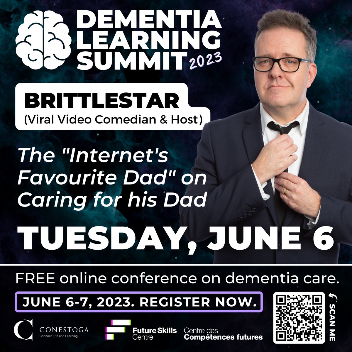 Internet’s favourite dad <a href="/brittlestar/">Brittlestar</a> will join us at the #DementiaLS23 to share his experience caring for his dad.

Don’t miss the opportunity to network with people who are passionate about #DementiaCare.
tinyurl.com/mrcrmk6y #ConestogaCRADLE <a href="/fsc_ccf_en/">Future Skills Centre</a> <a href="/bamphd/">Brad Meisner</a> @GPA_AGEinc
