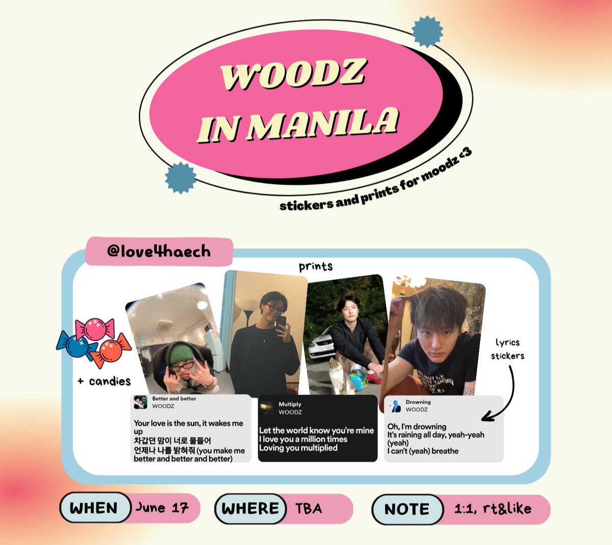 yushimwohae's tweet photo. — woodz in mnl freebies ⭐️
by @love4haech

☆ rt &amp; like, no need to follow
☆ v limited quantity only !
☆ strictly 1:1
☆ more details to be posted below

#WOODZinMNL #WOODZinManila #OOLlinMnl https://t.co/qxVMa9Pvlb
