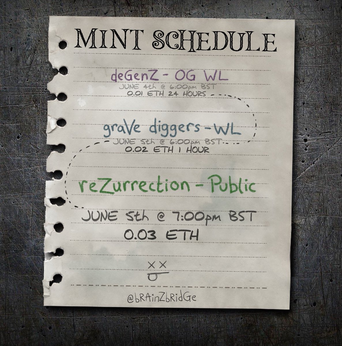 OFFICIAL MINT SCHEDULE ⏳

For those that didn’t make it on the WL …

We’re reserving a small amount of our NFTs for those who engage with this post 🤝

3x per wallet for mint, GL nerds 🤓🎓

#NFTsRded 🪦