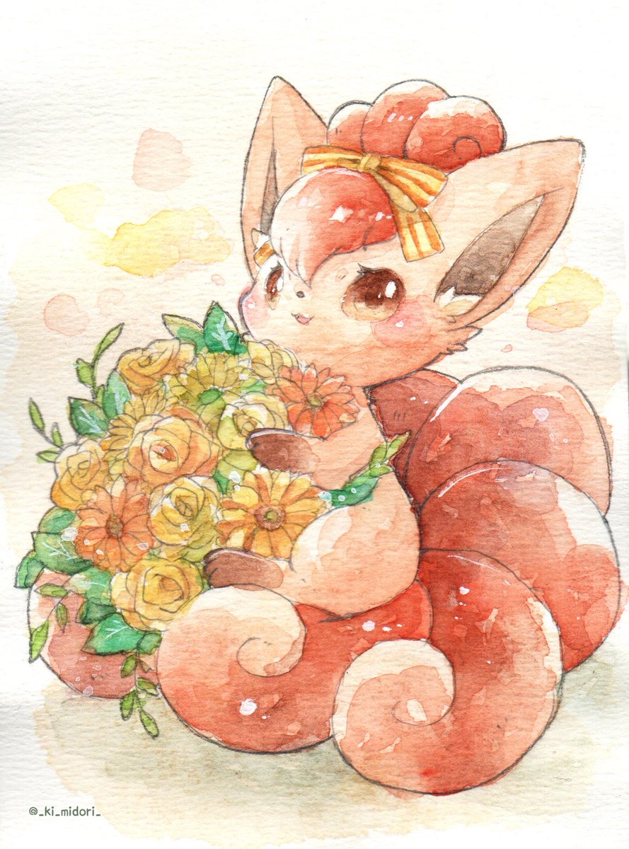pokemon (creature) no humans flower solo holding bouquet brown eyes  illustration images