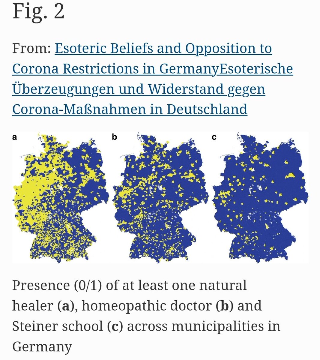 Neue Studie von @nils_weidmann zeigt, dass die maßnahmenkritische Partei dieBasis bei der #btw21 an Orten mit hoher Dichte homöopathischer Ärzt*innen und Waldorfschulen mehr Zustimmung bekam. Solch ein Zusammenhang findet sich aber nicht für die AfD.

1/🧵 dvpw.de/blog/esoterisc…