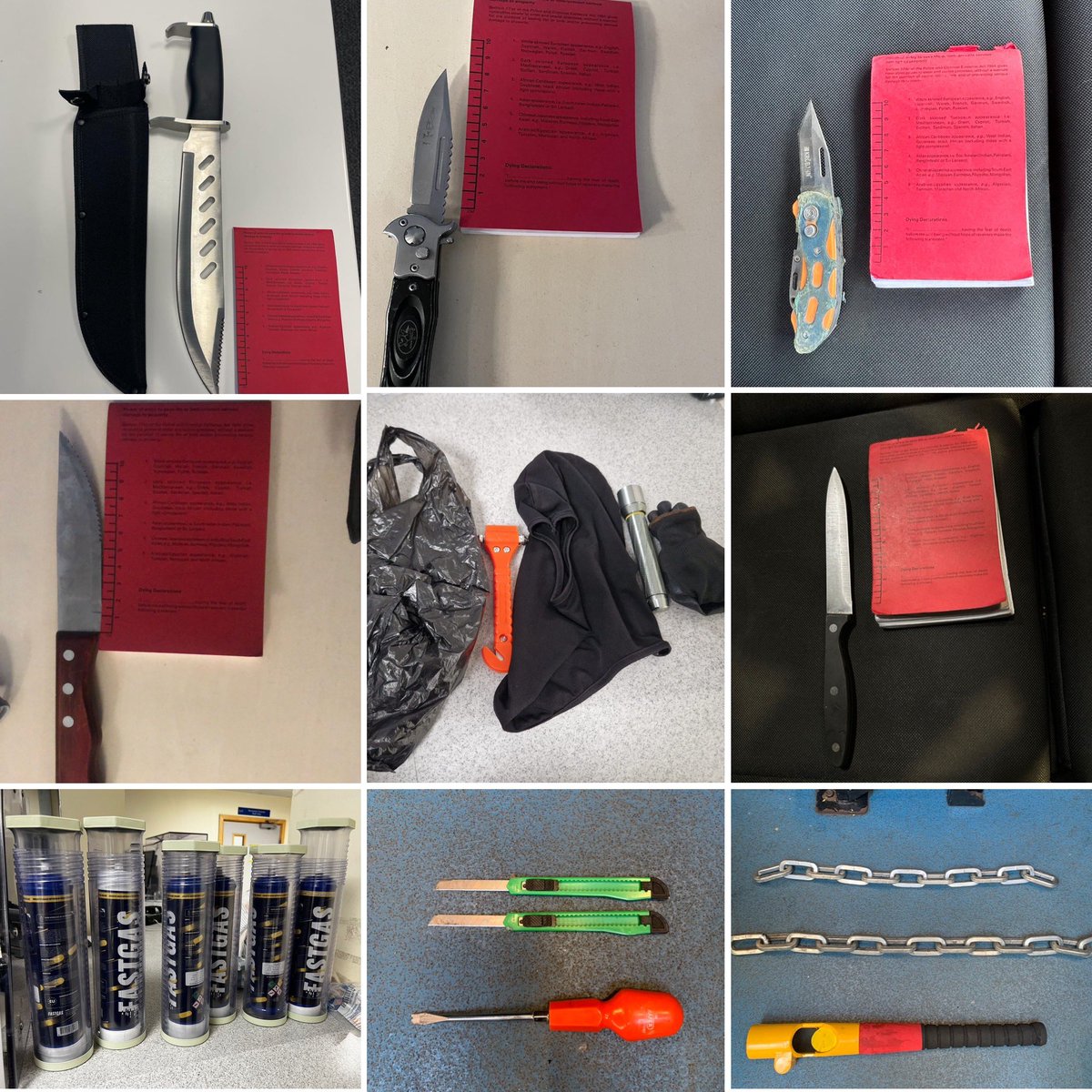 MetTaskforce's tweet photo. A busy Commissioners Reserve week for TSG U53 in @MPSWestminster with 39 stop and searches conducted with a variety of different outcomes including 20 arrests. A number of knives and weapons seized some shown below. #stopandsearchworks ^5853U https://t.co/Wwb7H6HJHX