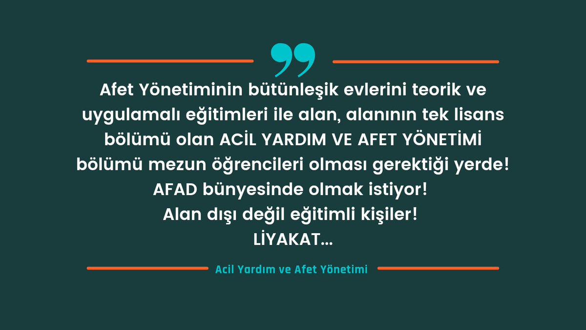 Sayın <a href="/AliYerlikaya/">Ali Yerlikaya</a> Acil Yardım ve Afet Yönetimi bölümü olarak yeni görevinizde başarılar dileriz.

AFAD bünyesinde alanının Lisans mezunları olarak atama talep ediyor ve yapılacak olan alım ile mezunlarımızın yaşadığı istihdam sorununun çözülmesini bekliyoruz. 
#AfadaAYAYata