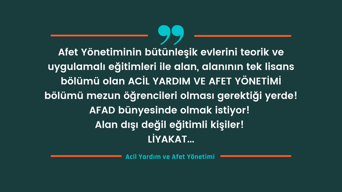 Sayın @AliYerlikaya Acil Yardım ve Afet Yönetimi bölümü olarak yeni görevinizde başarılar dileriz.

AFAD bünyesinde alanının Lisans mezunları olarak atama talep ediyor ve yapılacak olan alım ile mezunlarımızın yaşadığı istihdam sorununun çözülmesini bekliyoruz. 
#AfadaAYAYata