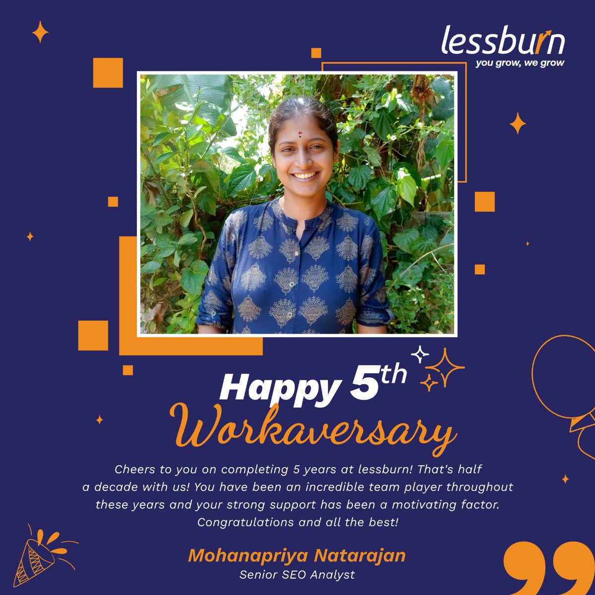 lessburn's tweet photo. Everyone at lessburn extend our best wishes to Mohanapriya Natarajan on crossing this significant 5 Year milestone.
Happy 5th Workaversary!π€©π€©
#5YearJourney #WorkAnniversary #BusinessInformationServices #BusinessSupportServices #DigitalMarketingServices #lessburn https://t.co/5xE7MCIsXm
