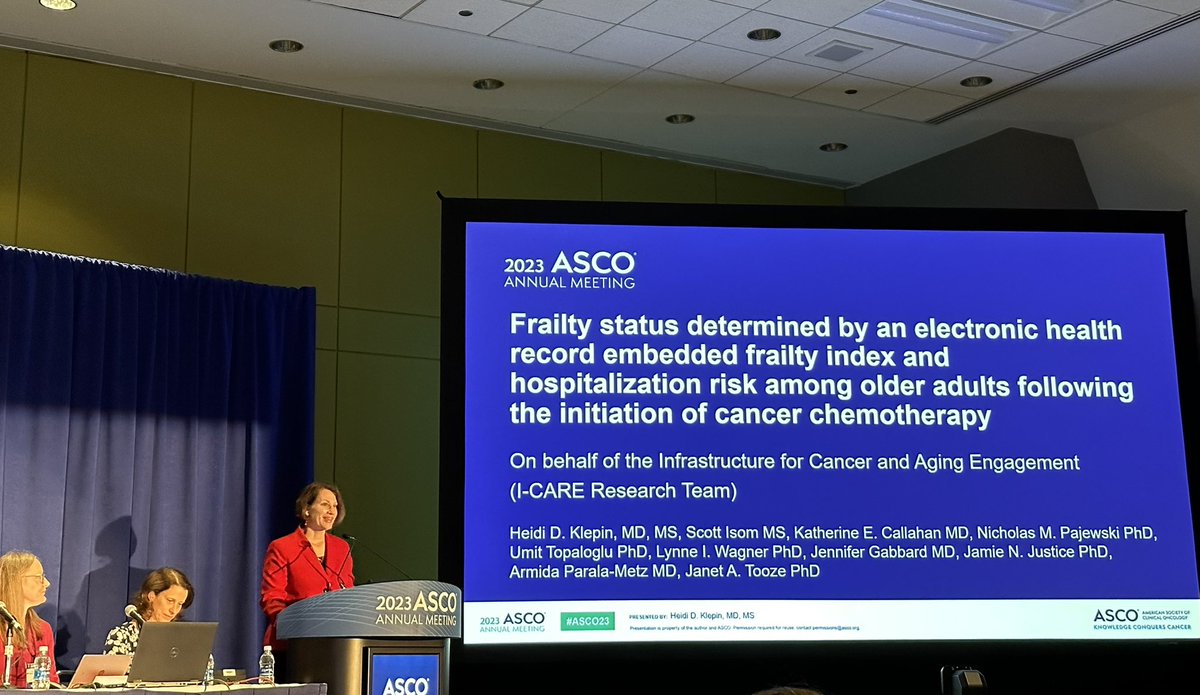 Excellent talk by @HKlepinMD at @ASCO23 on the use of an EMR-based frailty index to risk stratify older adults with cancer. @myCARG #gerionc