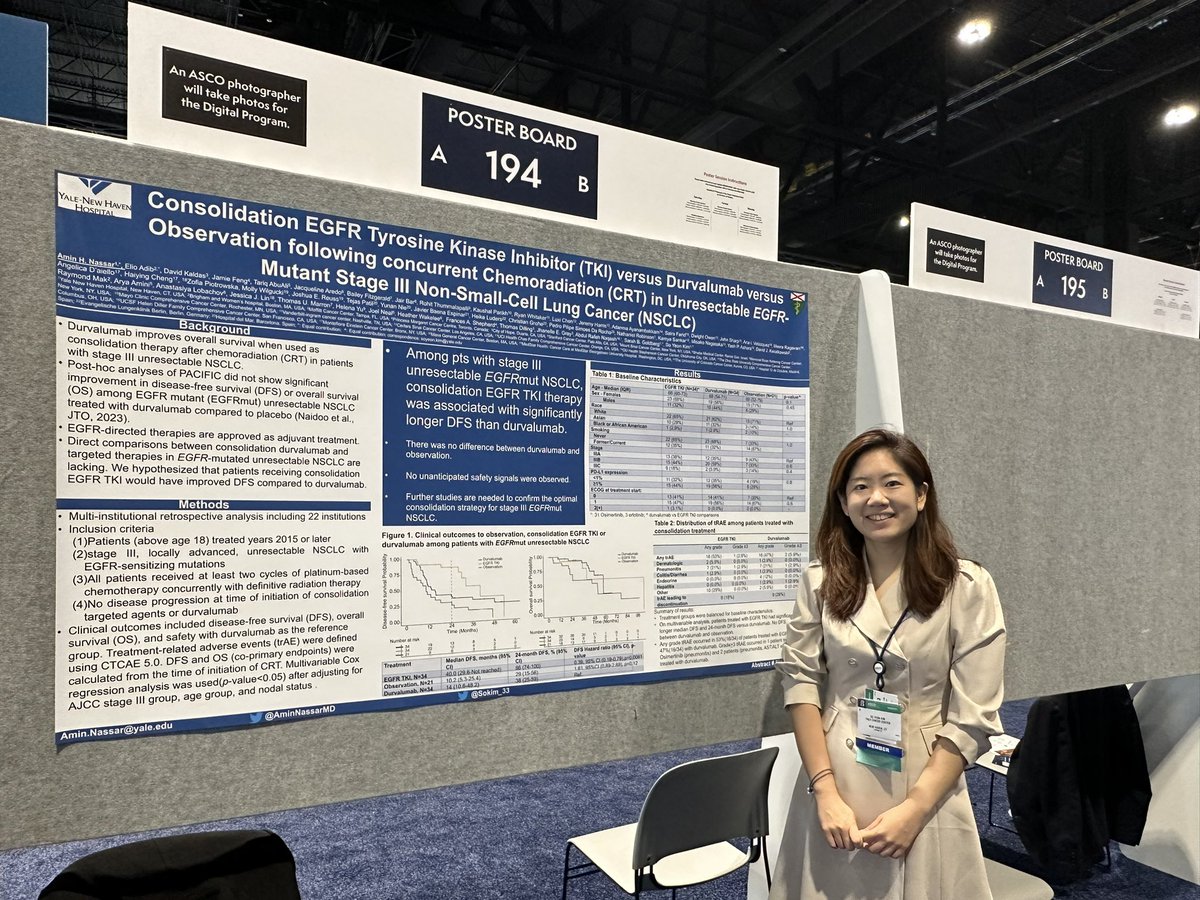 An analysis by @Sokim_33 @AminNassarMD & colleagues of treatment options for patients with stage III unresectable EGFR mutant #NSCLC showed consolidation EGFR TKI therapy yielded significantly longer disease free survival than durvalumab #ASCO23 #lcsm @SmilowCancer @YaleMed @YNHH