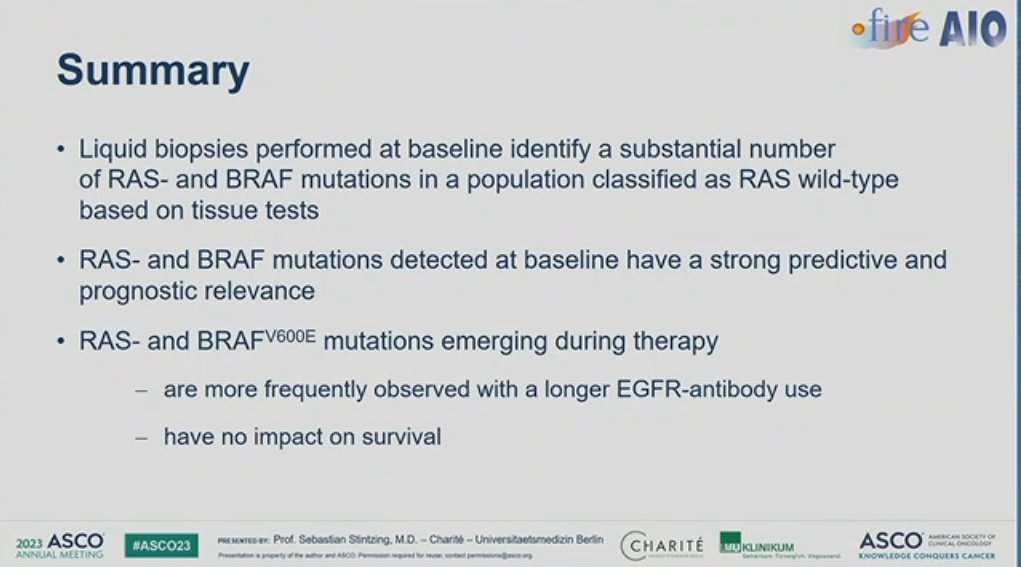 #ASCO23 
FIRE-4 study: Influence of baseline liquid biopsy results in first-line treatment efficacy of FOLFIRI/cetuximab in patients with tissue RAS-WT mCRC

💥Liquid biopsy detected RAS mutation in 13% of patients deemed RASwt based on tissue analyses❗️

📌These patients had