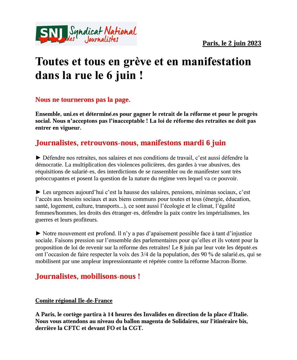 SNJ_national's tweet image. ⤴️ ➖️ 2️⃣ 

NOUS NE TOURNERONS PAS LA PAGE !

SALAIRES, RETRAITES, PROGRÈS SOCIAL, rendez-vous mardi 6 juin ! 
✊️✊️✊️ 

snj.fr/article/toutes… 
#StopRetraiteMacron 👊 
🥁🥁🥁💥💥💥