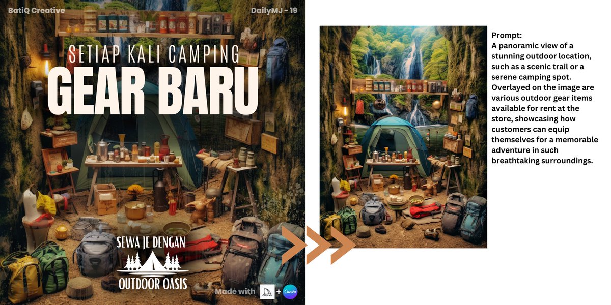 creative_batik's tweet photo. Post 19: Camping Gear Rental.

Kaki camping tapi bukan kaki beli camping gear? Sewa je. Setiap kali camping, barang baru, brand baru. Takde kos simpan barang dalam storage rumah

#MidjourneyAI #AI #graphicdesigner #dailyMJ #canva #dailychallenge https://t.co/ZyDAy9WbbJ