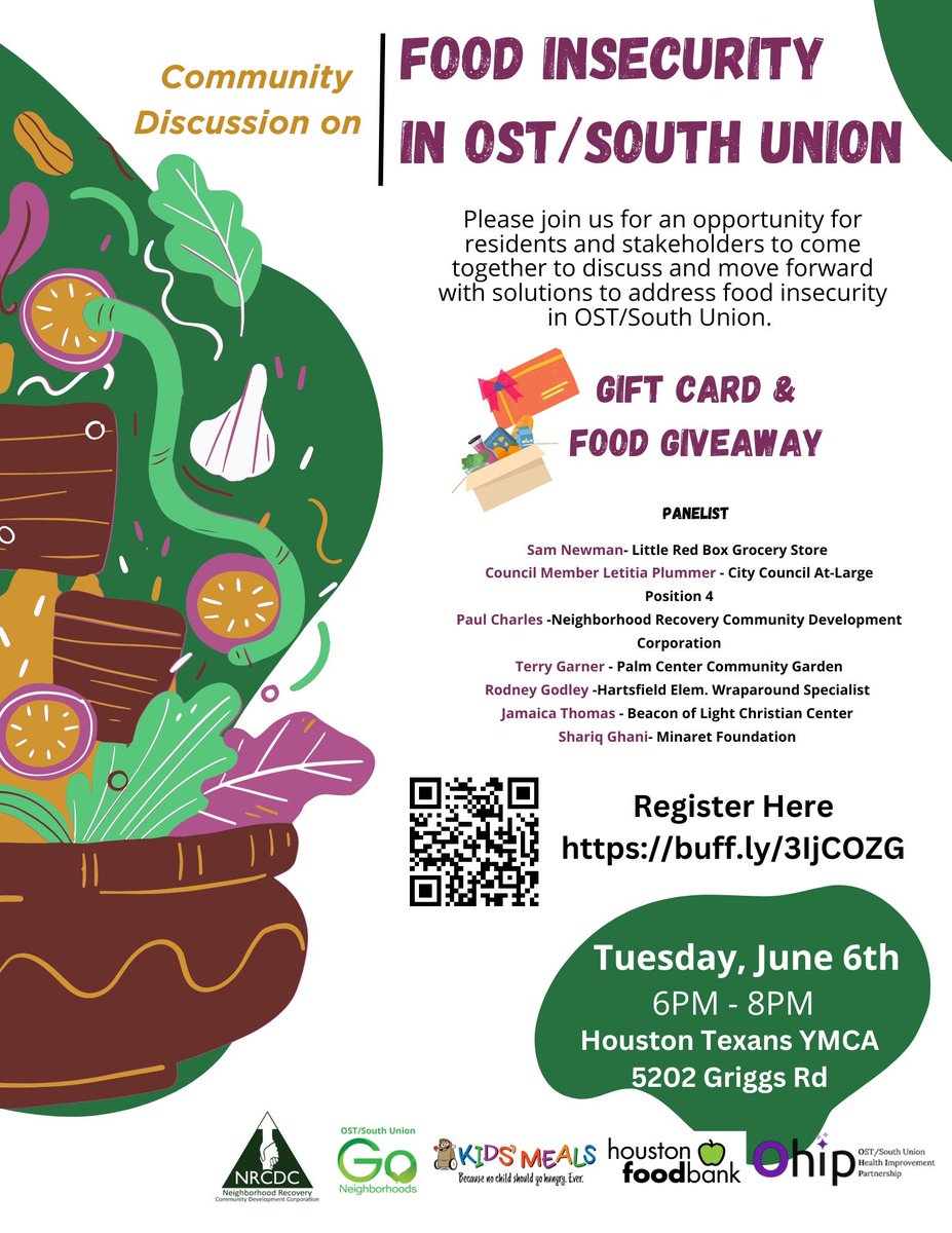 for all interested - come add your voice to a community discussion on #foodaccess in OST/South Union. Tues 6/6 at 6p Houston Texans @YMCAHouston